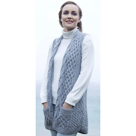 ARAN SWEATER MARKET Merino Wool Cable Waistcoat Cardigan Misty Blue Fisherman - Picture 1 of 15